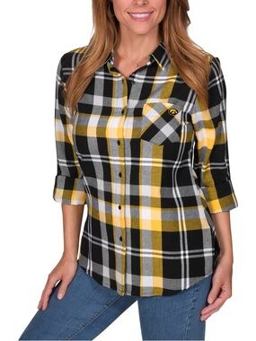 Iowa Hawkeyes Boyfriend Plaid Flannel Button-Up Roll Tab Long Sleeve Shirt Small